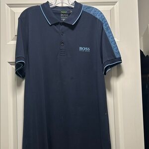 BOSS Men's Dark Blue Polo with Light Blue Accents XXL Size